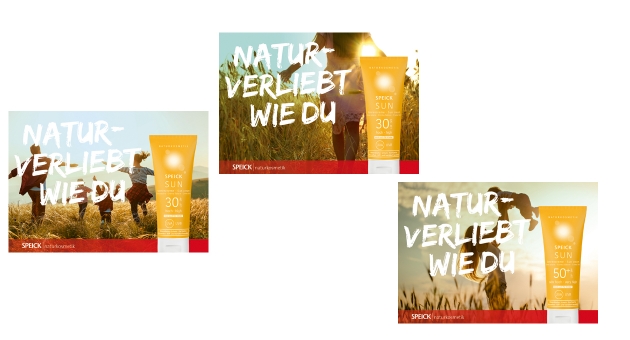 Die Werbemotive zeigen das neue Leitmotto 'Naturverliebt wie du' und verschiedene Produkte der Speick Sun-Serie - Abbildungen: Speick Naturkosmetik